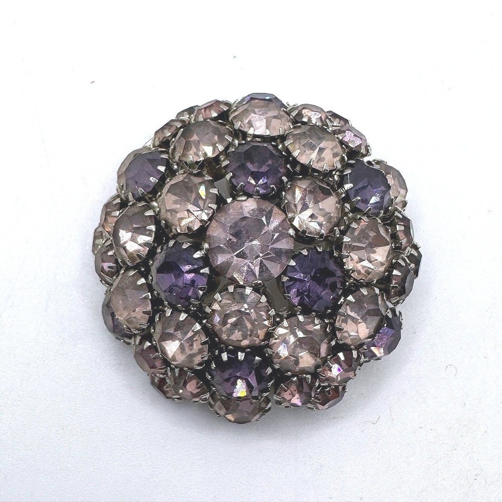 Warner Vintage Purple Lavender Rhinestone Domed Cluster Brooch Silver Tone Pin